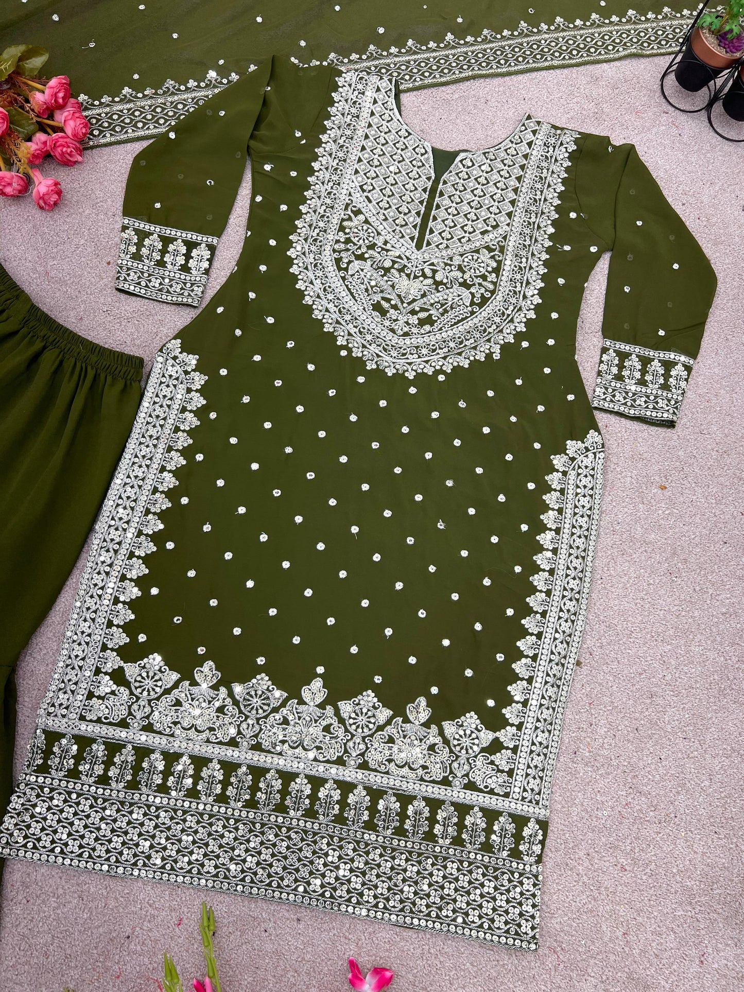 Decent Embroidery Sequence Work Green Color Sharara Suit