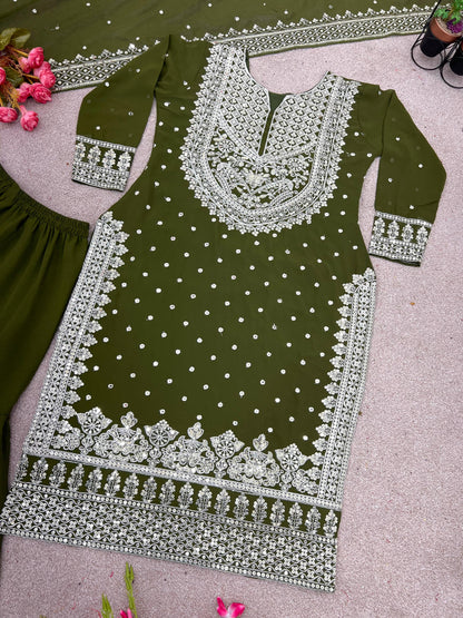 Decent Embroidery Sequence Work Green Color Sharara Suit