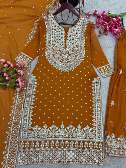 Decent Embroidery Sequence Work Orange Color Sharara Suit