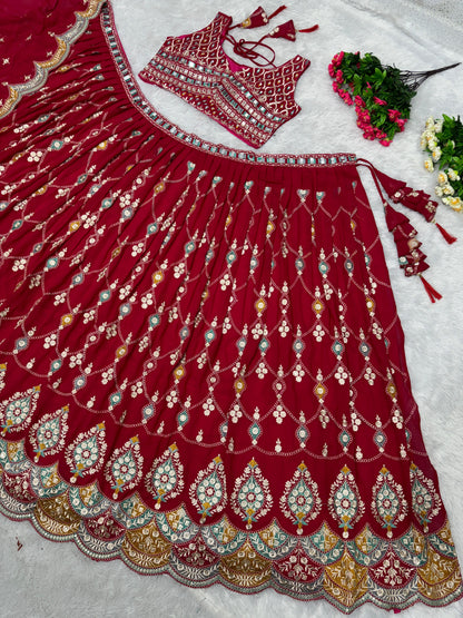 Wedding Wear Embroidered Sequence Work Red Lehenga Choli