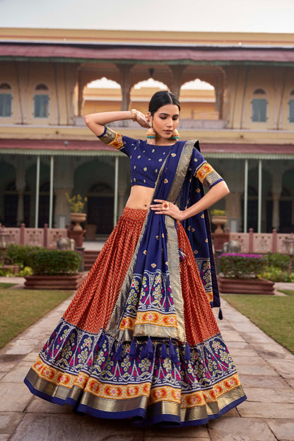 Elegant Orange And Blue Color Printed Lehenga Choli