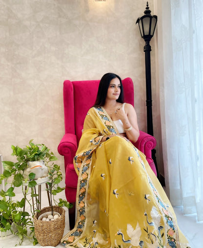 Multi Thread Work Yellow Color Organza Saree
