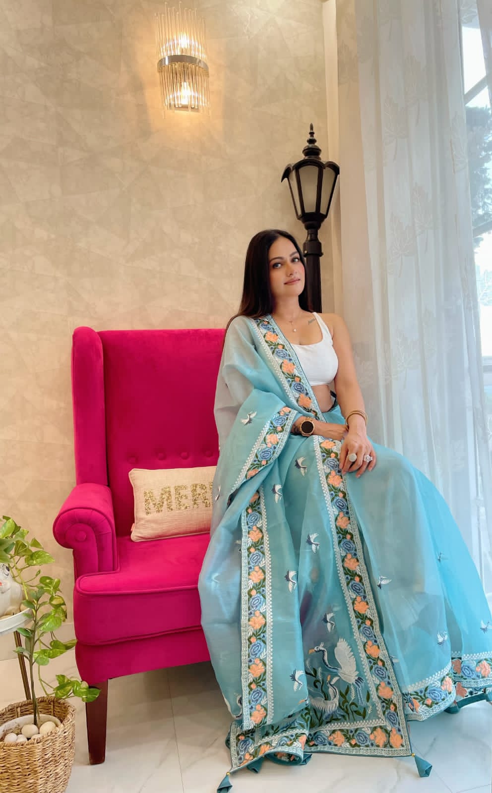 Multi Thread Work Sky Blue Color Organza Saree