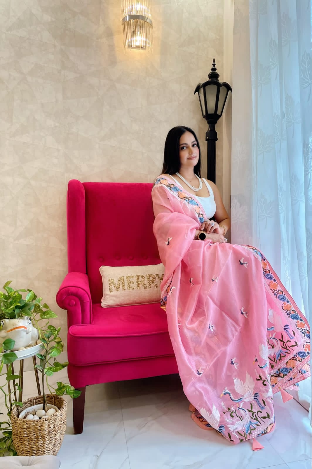 Multi Thread Work Light Pink Color Organza Saree