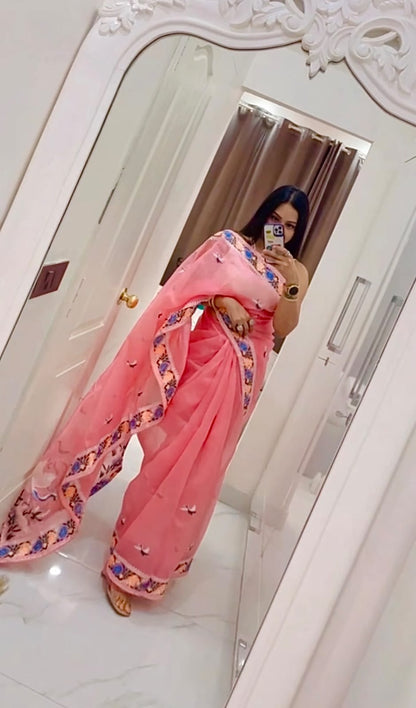 Multi Thread Work Light Pink Color Organza Saree