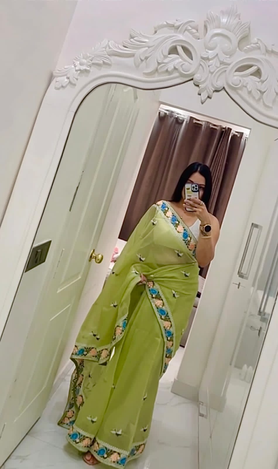 Multi Thread Work Pista Color Organza Saree