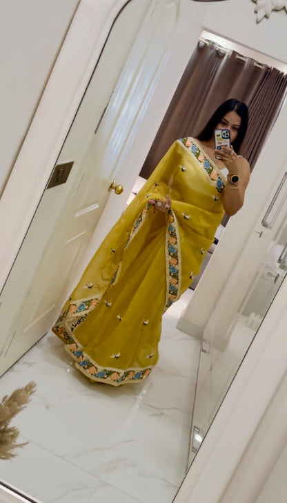 Multi Thread Work Yellow Color Organza Saree