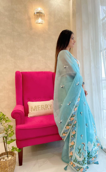 Multi Thread Work Sky Blue Color Organza Saree