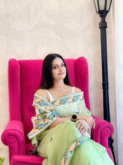 Multi Thread Work Pista Color Organza Saree