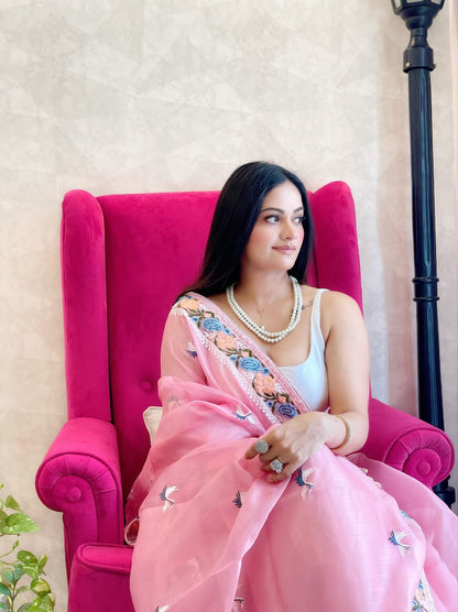 Multi Thread Work Light Pink Color Organza Saree