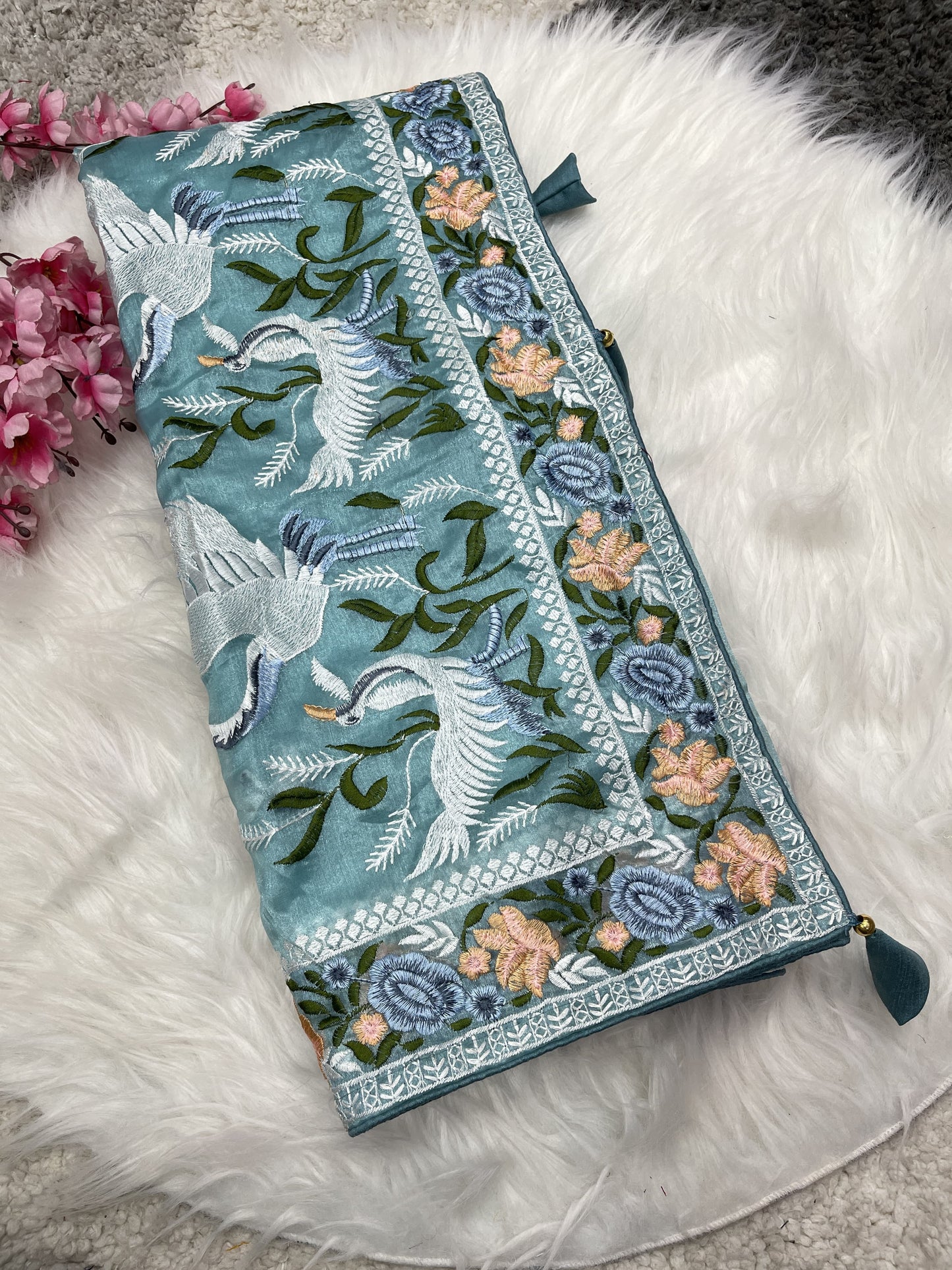 Multi Thread Work Sky Blue Color Organza Saree