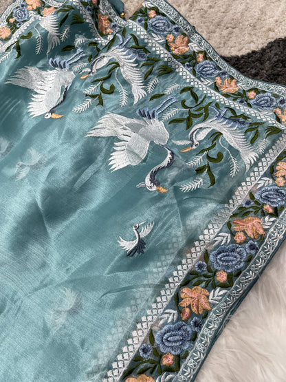 Multi Thread Work Sky Blue Color Organza Saree