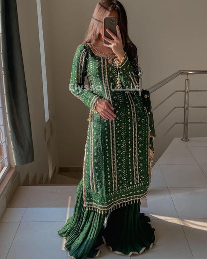 Eid Special Embroidery Sequenced Work Green Color Sharara Suit
