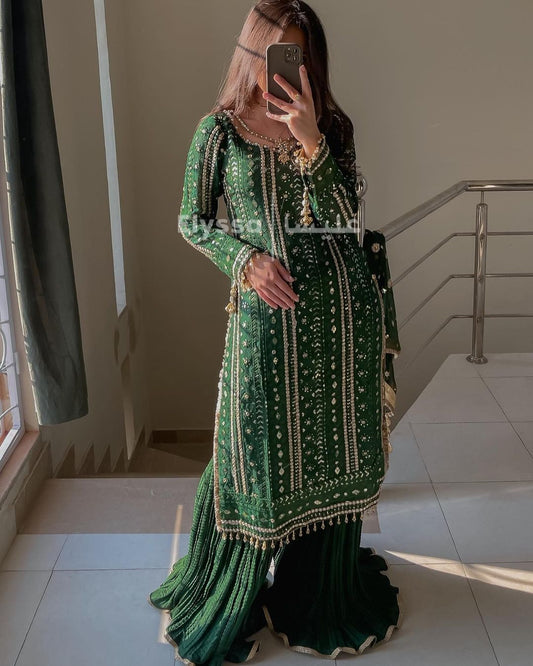 Eid Special Embroidery Sequenced Work Green Color Sharara Suit