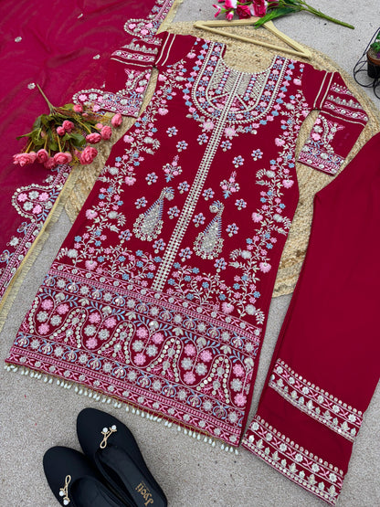 Demanding Embroidery Sequence Work Red Color Anarkali Suit
