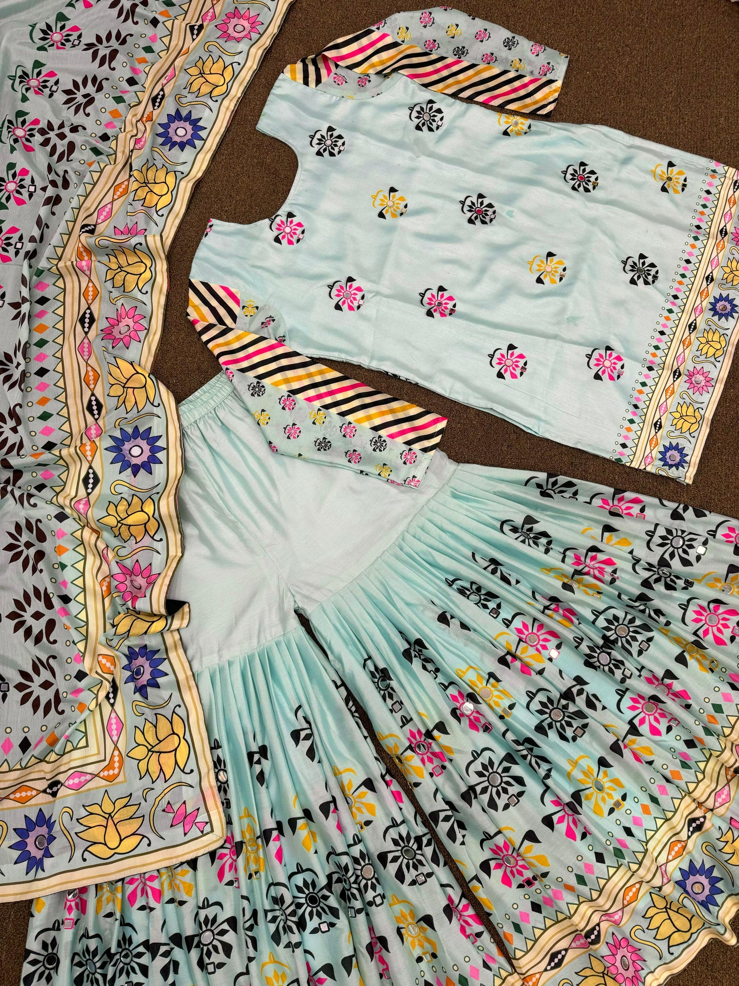 Sky Blue Color Digital Print Mirror Work Sharara Suit
