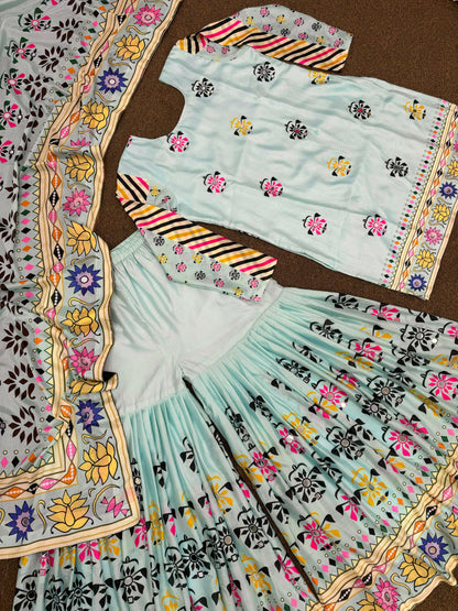 Sky Blue Color Digital Print Mirror Work Sharara Suit