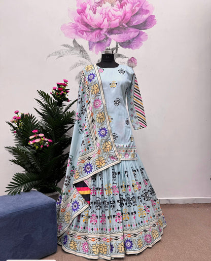 Sky Blue Color Digital Print Mirror Work Sharara Suit