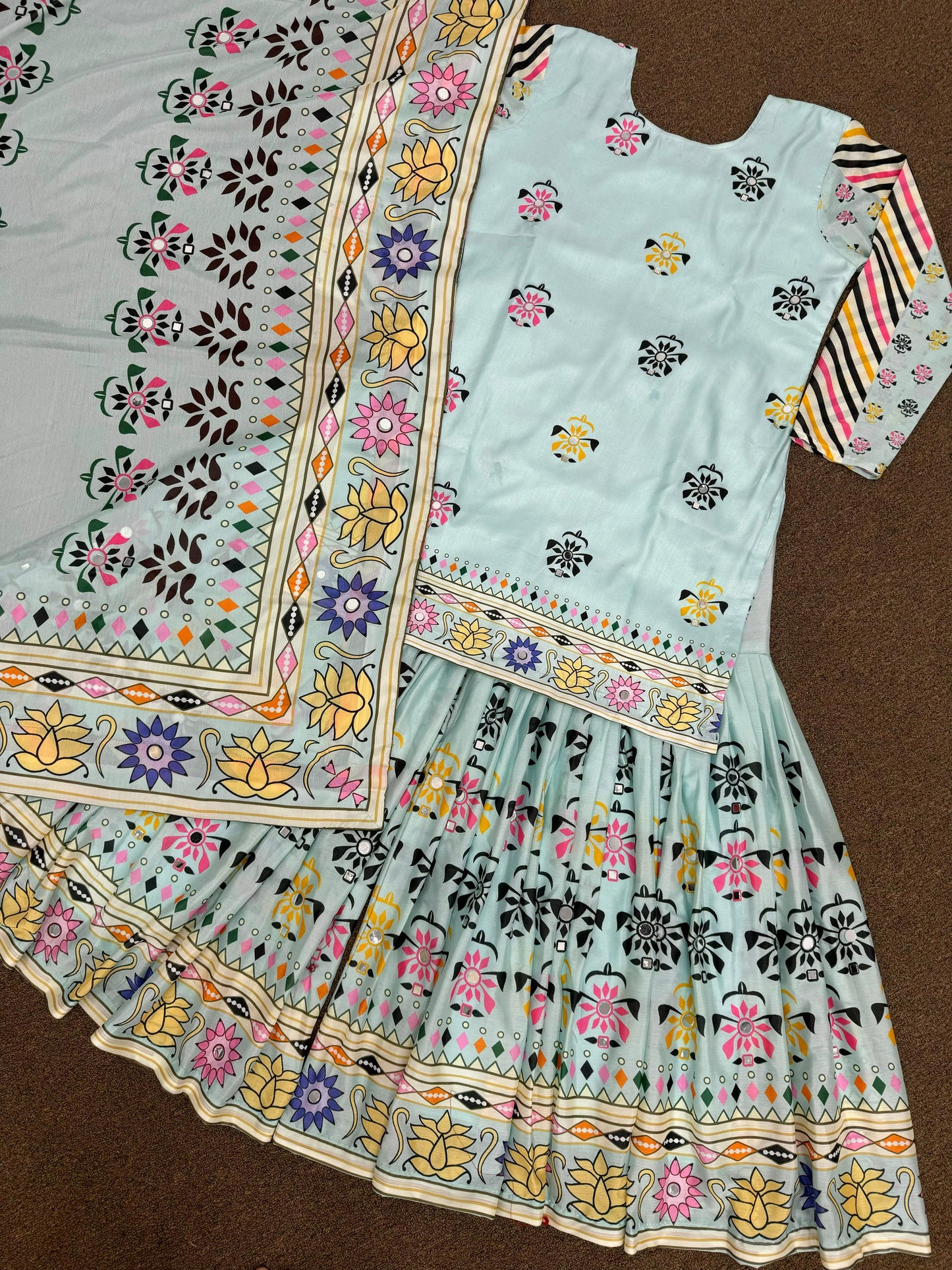 Sky Blue Color Digital Print Mirror Work Sharara Suit