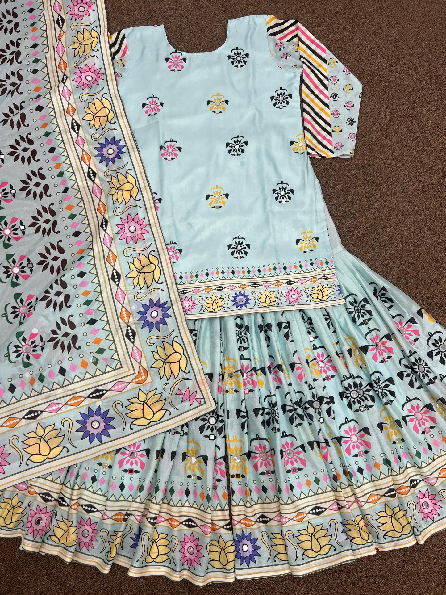 Sky Blue Color Digital Print Mirror Work Sharara Suit