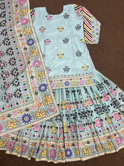 Sky Blue Color Digital Print Mirror Work Sharara Suit