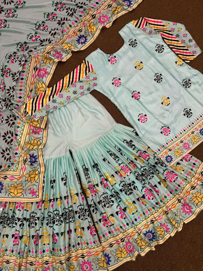 Sky Blue Color Digital Print Mirror Work Sharara Suit