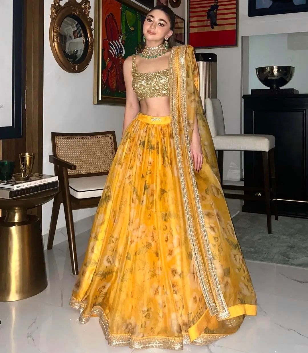 Yellow Printed Net Lehenga With Sequence Choli