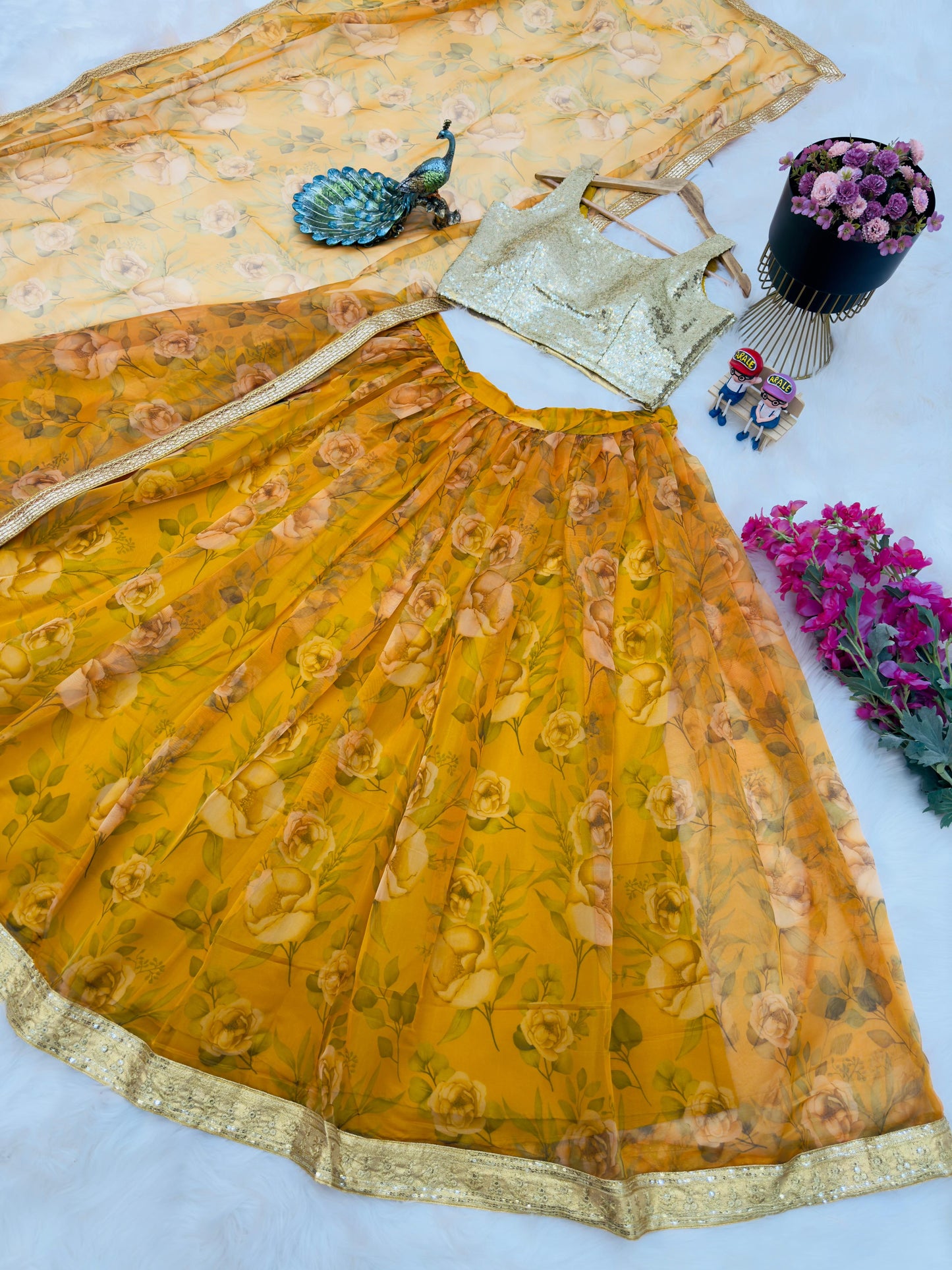 Yellow Printed Net Lehenga With Sequence Choli
