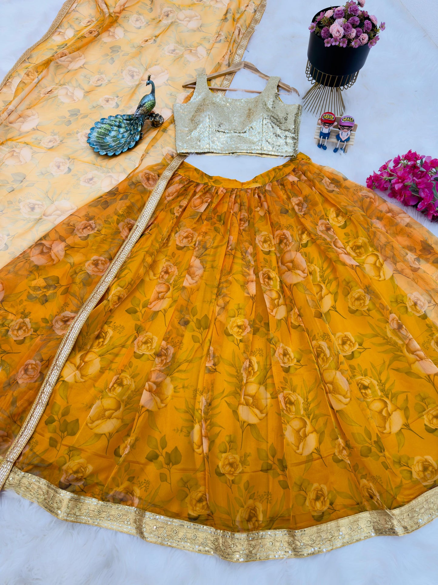 Yellow Printed Net Lehenga With Sequence Choli