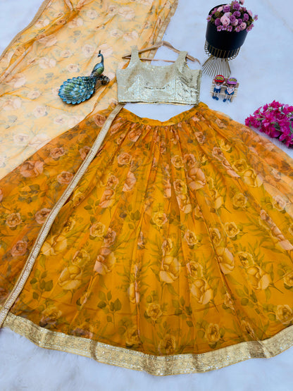 Yellow Printed Net Lehenga With Sequence Choli