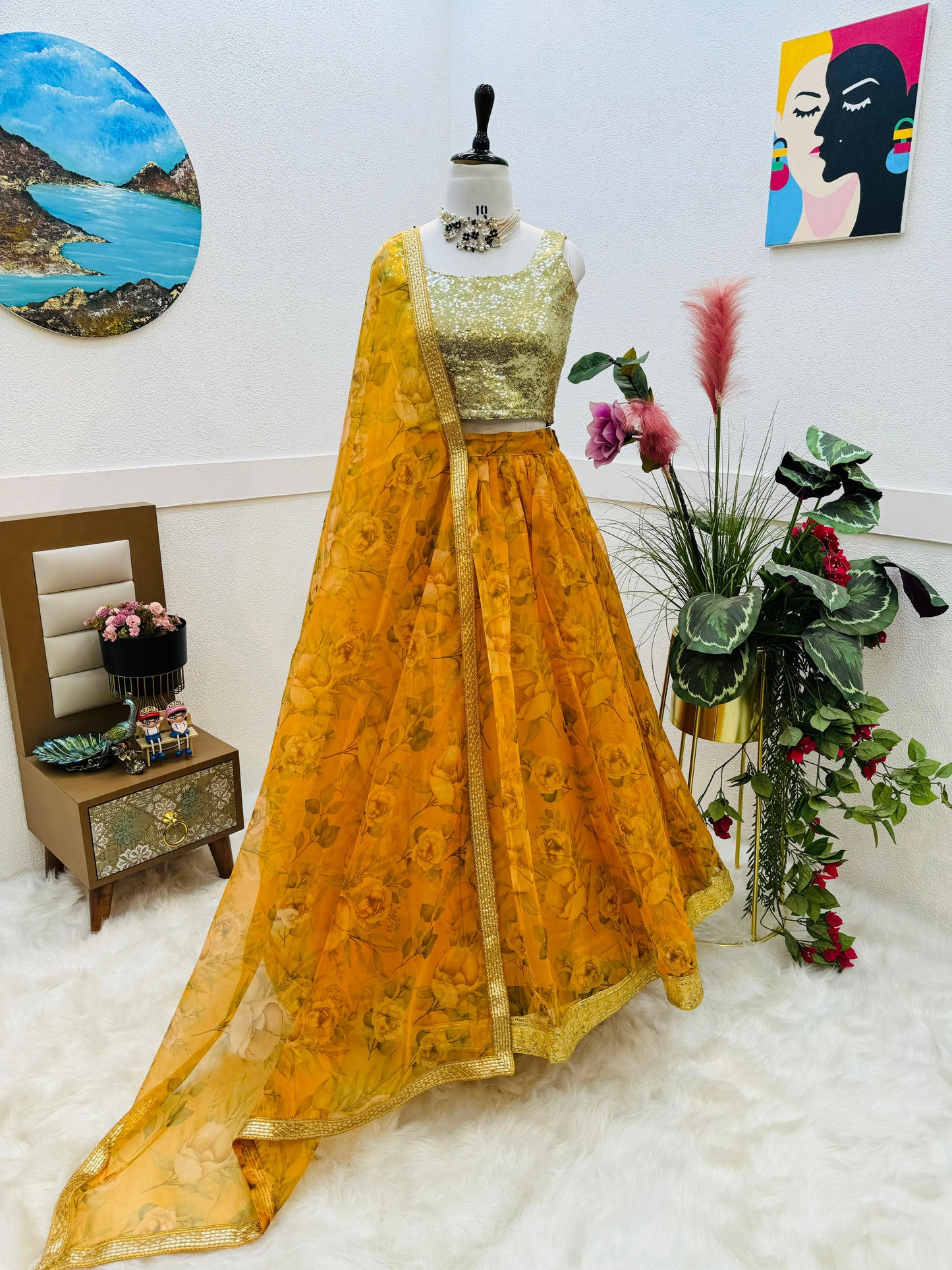Yellow Printed Net Lehenga With Sequence Choli