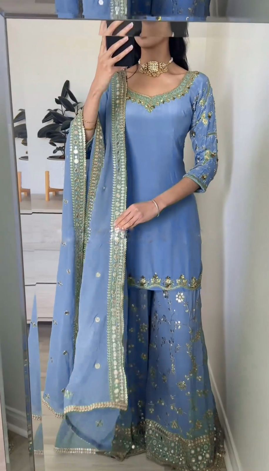 Blissful Embroidery Sequence Work Blue Color Top With Sharara