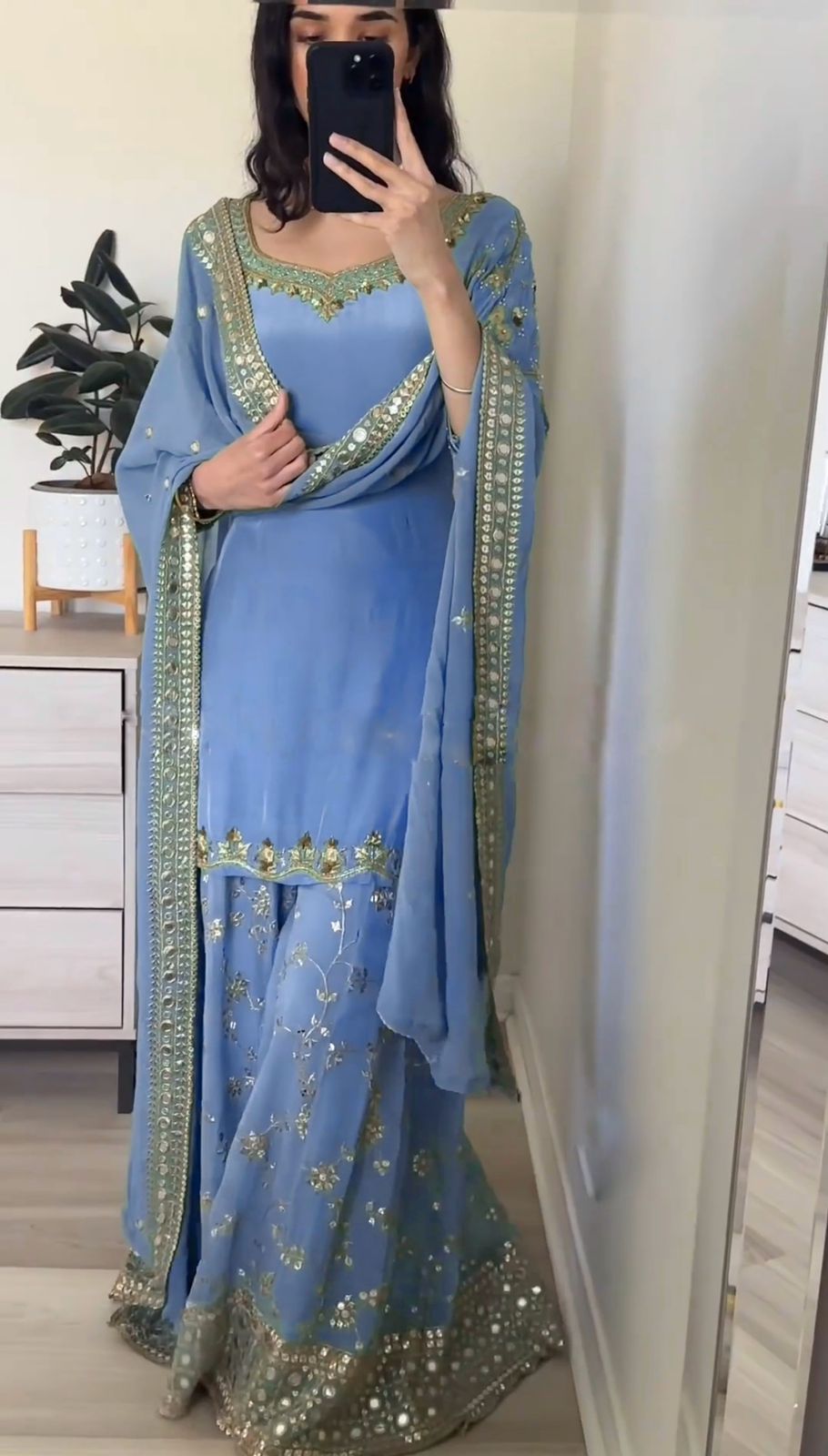 Blissful Embroidery Sequence Work Blue Color Top With Sharara