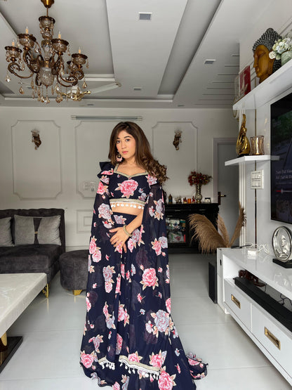 Flower Print Black Color Fancy Sleeve Lehenga Choli