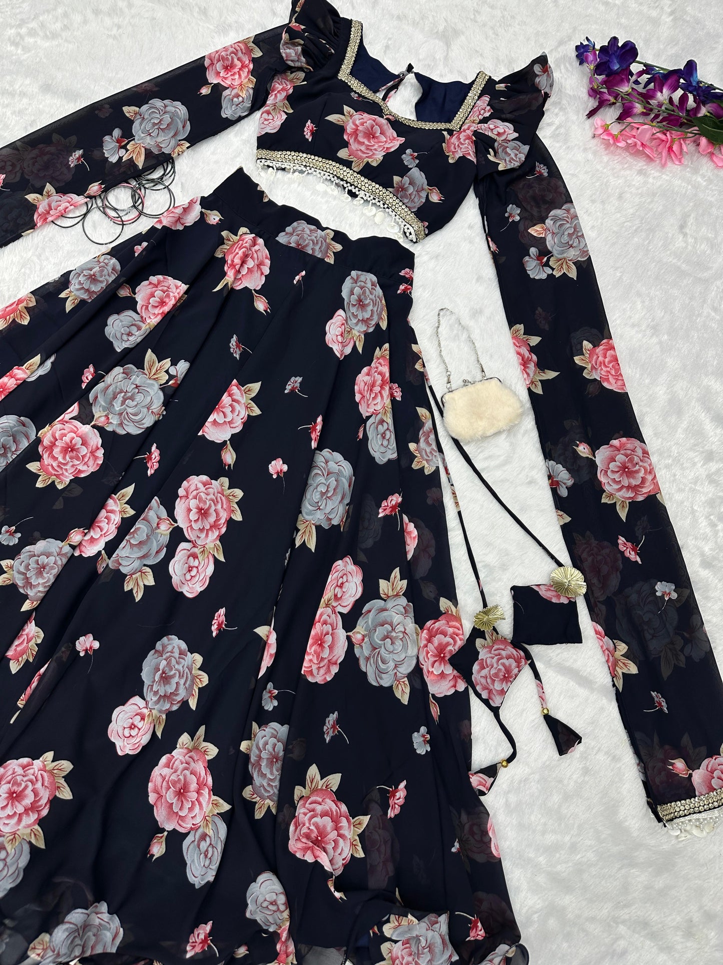 Flower Print Black Color Fancy Sleeve Lehenga Choli