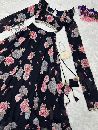 Flower Print Black Color Fancy Sleeve Lehenga Choli