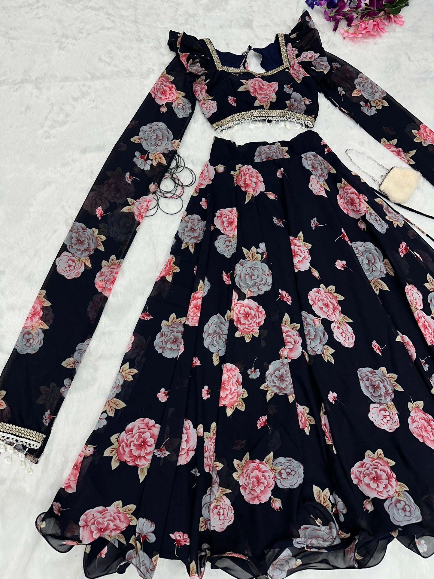 Flower Print Black Color Fancy Sleeve Lehenga Choli