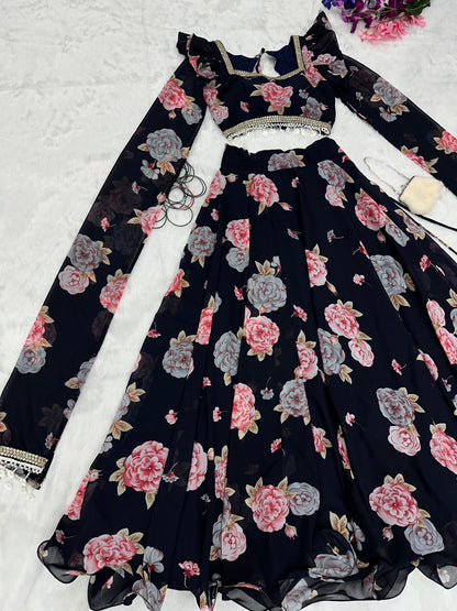 Flower Print Black Color Fancy Sleeve Lehenga Choli