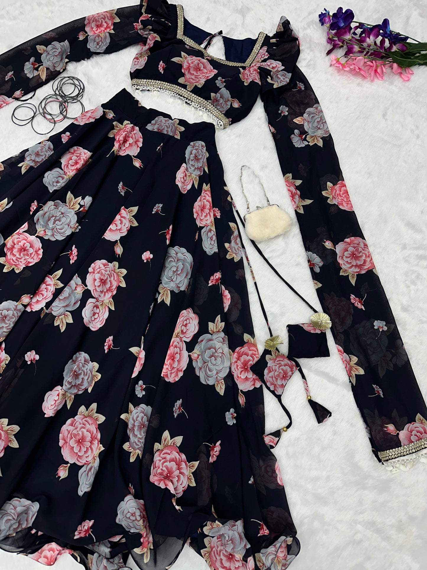 Flower Print Black Color Fancy Sleeve Lehenga Choli