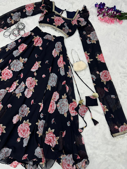 Flower Print Black Color Fancy Sleeve Lehenga Choli