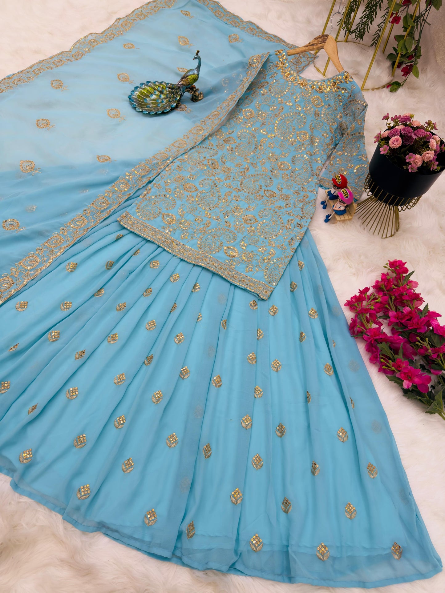 Sky Blue Color Sequence Work Lehenga With Top