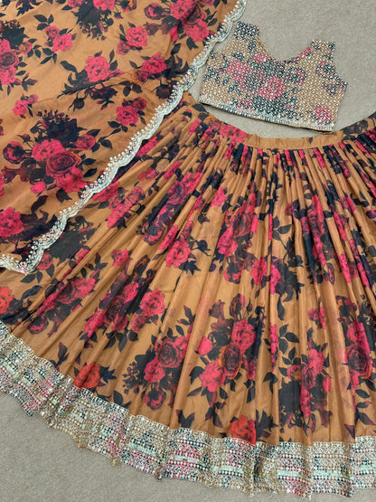 Multi Color Digital Print Embroidery Work Lehenga Choli