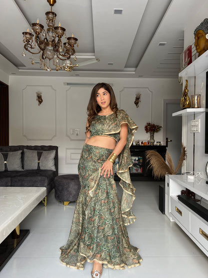 Green Shine Golden Sparkle Lehenga With Dupatta Attach Blouse