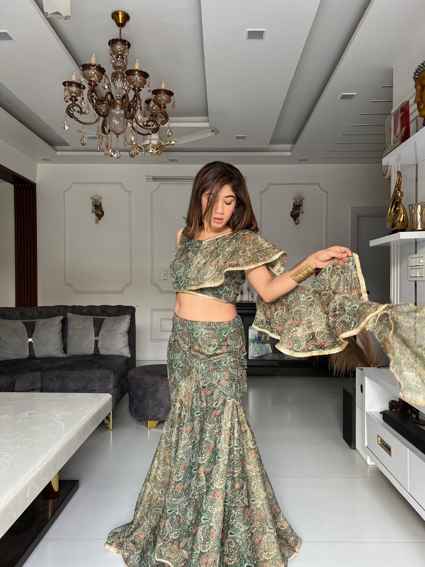 Green Shine Golden Sparkle Lehenga With Dupatta Attach Blouse