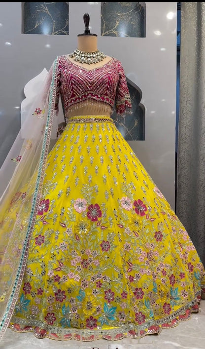 Function Wear Multi Work Yellow Color Lehenga Choli