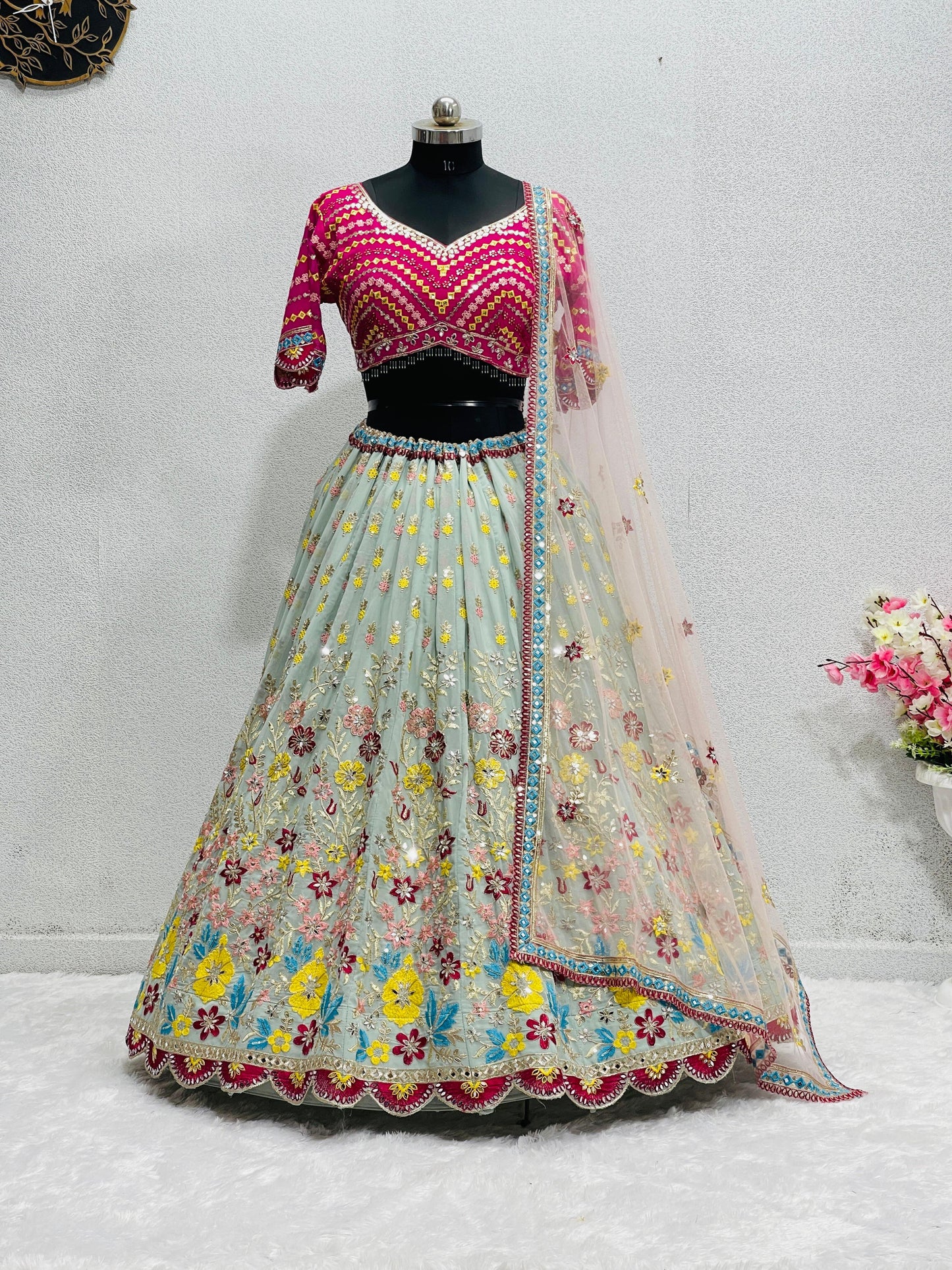 Function Wear Multi Work Pista Color Lehenga Choli