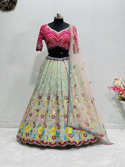 Function Wear Multi Work Pista Color Lehenga Choli