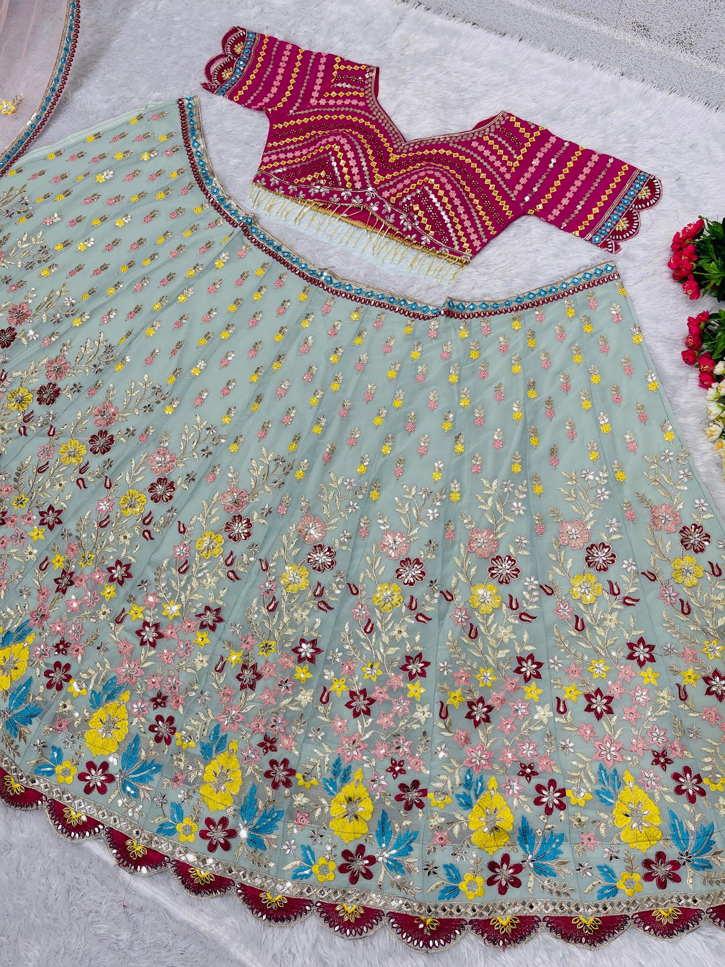 Function Wear Multi Work Pista Color Lehenga Choli