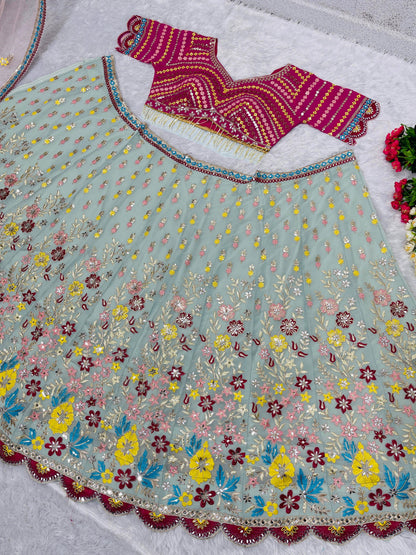 Function Wear Multi Work Pista Color Lehenga Choli
