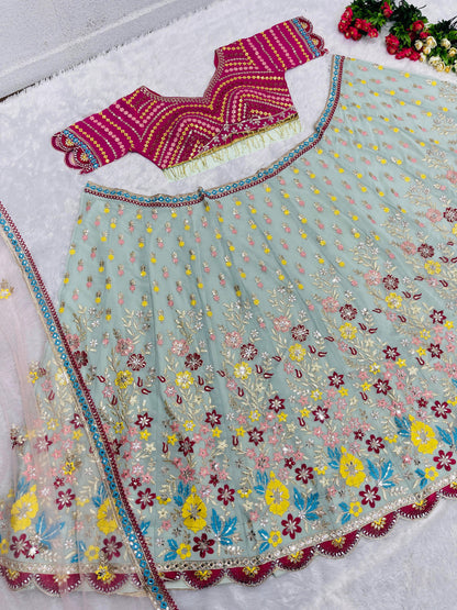 Function Wear Multi Work Pista Color Lehenga Choli